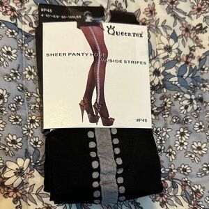 QueenTex black Sheer Pantyhose with white Side Stripes